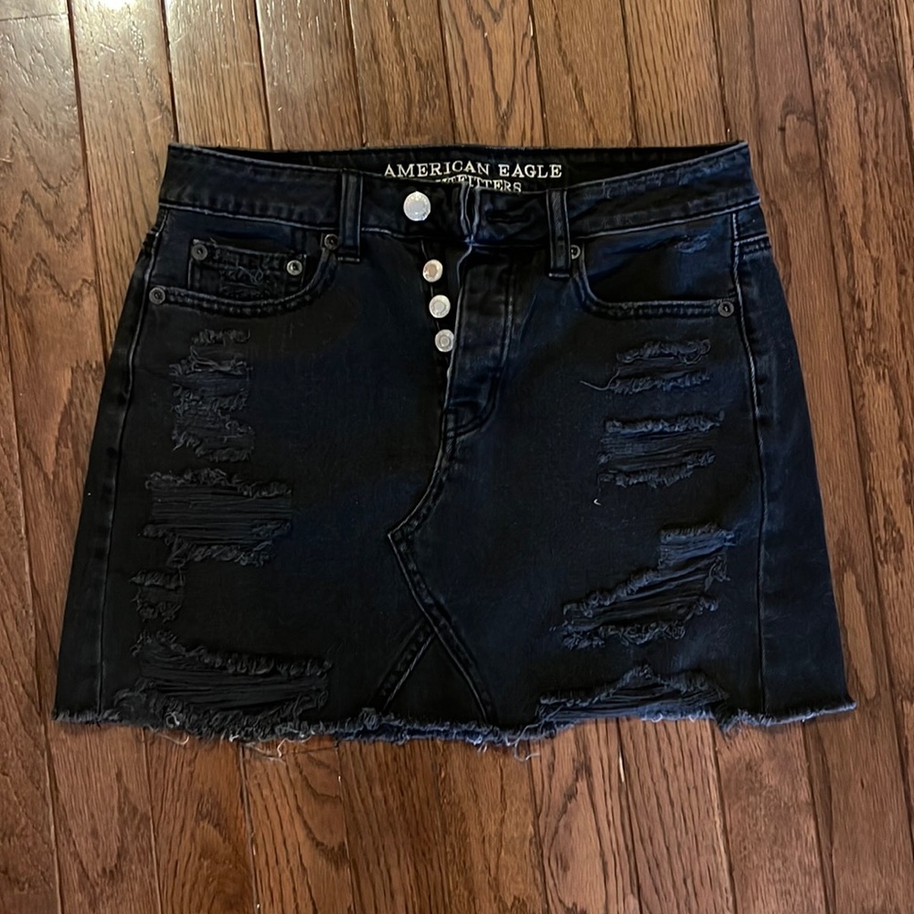 American Eagle Button Fly Black Denim Mini Skirt